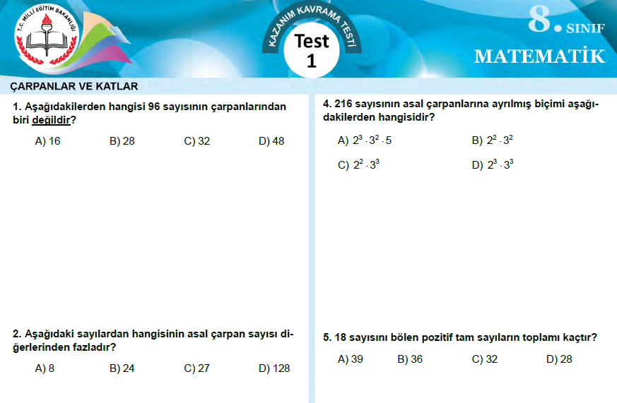 8.Sınıf Matematik MEB Kazanım Testleri - Matematikci.web.tr