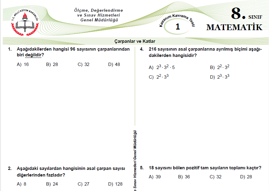 8.Sınıf Matematik MEB Kazanım Testleri - Matematikci.web.tr