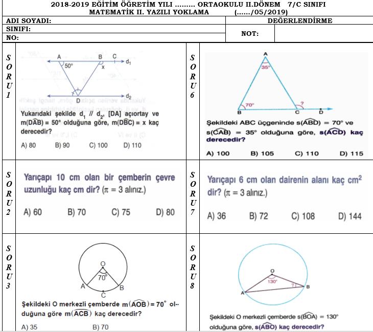 2018-2019 7.Sınıf Matematik 2.Dönem 2.Yazılı-Cevaplı-3