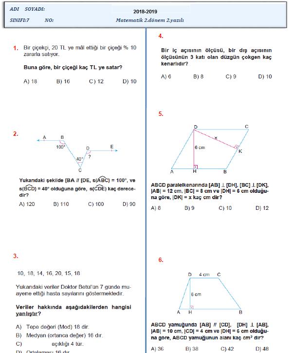 2018-2019 7.Sınıf Matematik 2.Dönem 2.Yazılı-Cevaplı-4