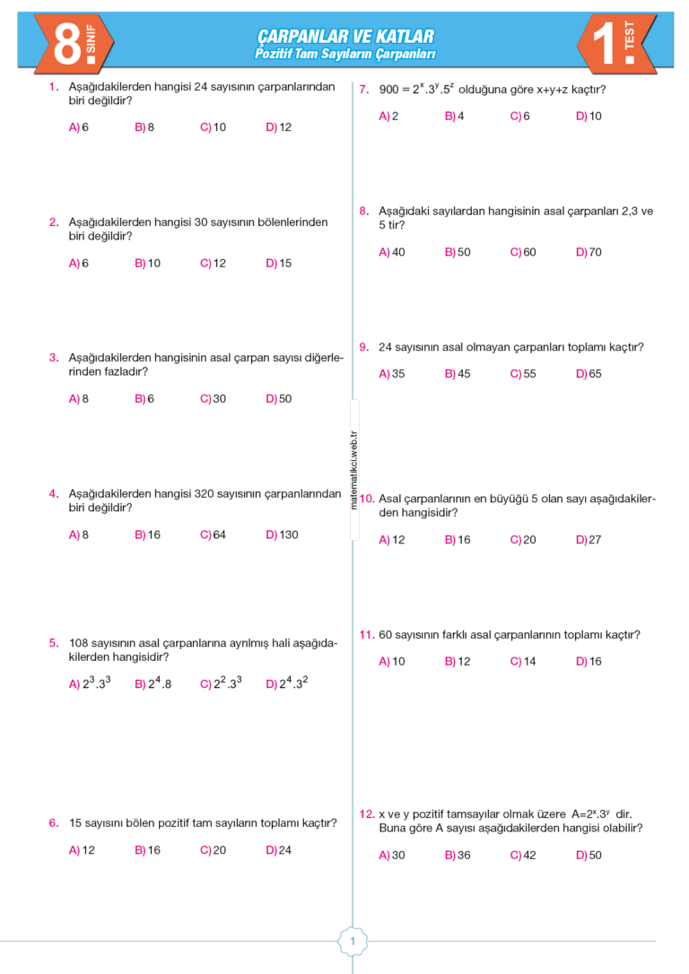 8.Sınıf Pozitif Tam Sayıların Çarpanları Testi indir - matematikci.web.tr