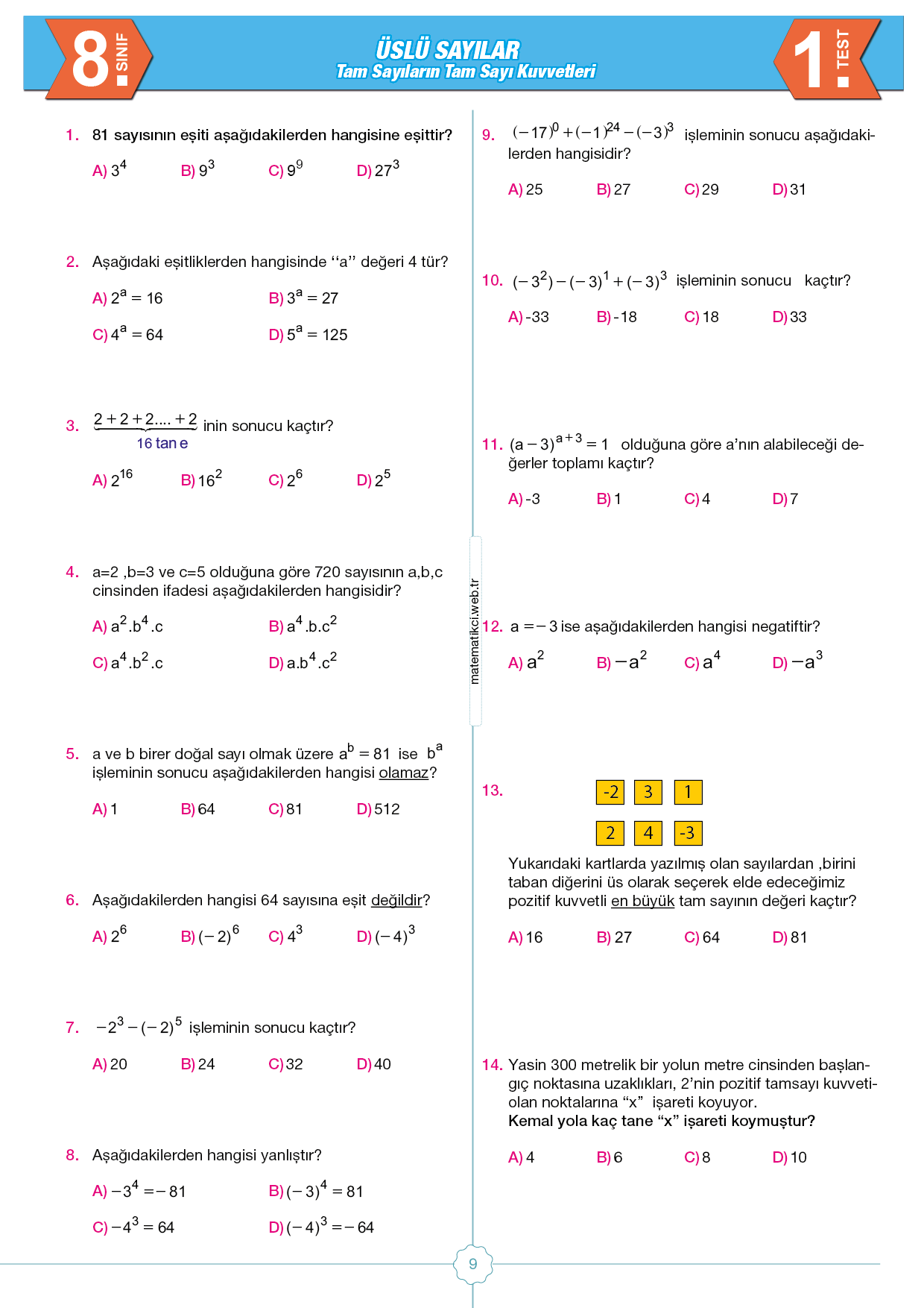 8 sinif tam sayilarin kuvvetleri testi indir matematikci web tr