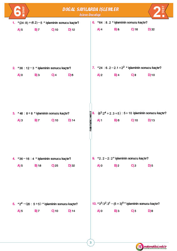 6.Sınıf İşlem Önceliği Yaprak Testi İndir